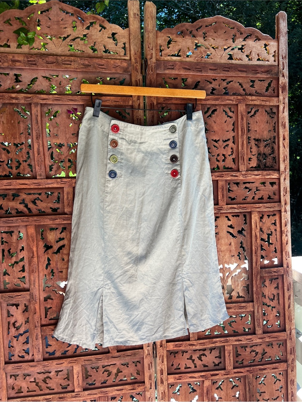 Boden Linen Light Gray Midi Skirt with Colorful Button Detail